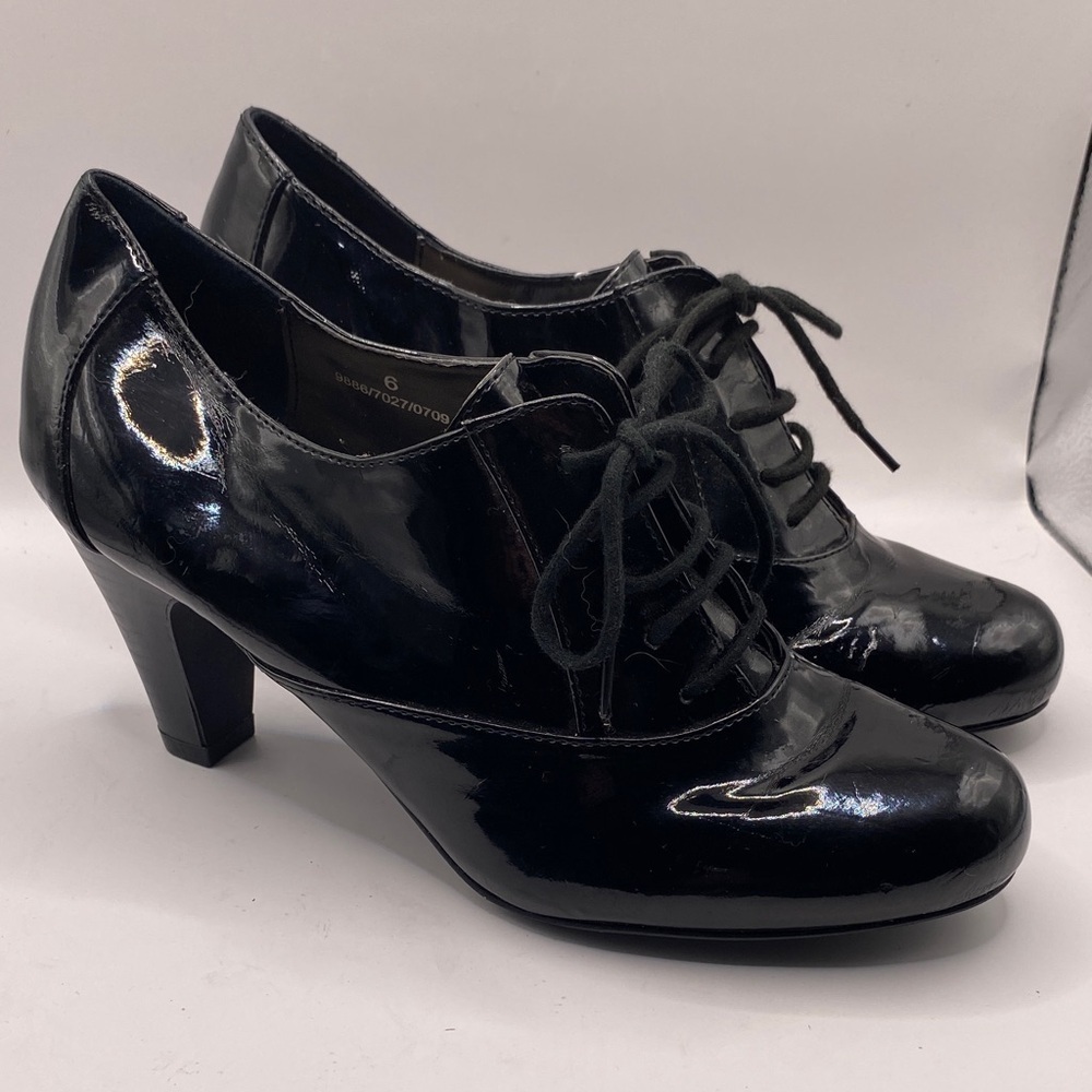 Marks & Spencer Women Black Patent Lace Up Shoes Booties Size 6 Witchy Victorian